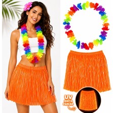 Sylar Neon Turuncu Hawaii Etek 40 cm ve Rengarenk Hawaii Kolye
