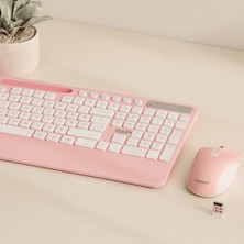 Akıllı Bayi Kablosuz Klavye Mouse Seti - Telefon & Tablet Standlı (Beyaz/pembe) Aby