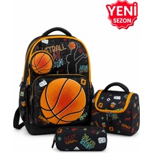 Alanç Gift Ultra Lüks Erkek Çocuk Ortopedik Su Geçirmez Basketbol Tasarım İlkokul Çantası Termal Beslenme Ve Kalemlik Basketbol Tasarım