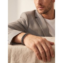 Parmas Design Oniks Doğal Taşlı Erkek Çelik Bileklik Hasır Örgü Zincirli Hediye 01886
