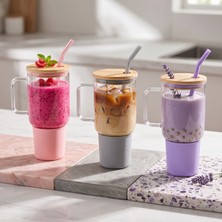 Uravas Store 1000 ml Cam Matara Kupa Bardak - Bambu Kapaklı - Silikon Kılıflı - Çelik Pipetli