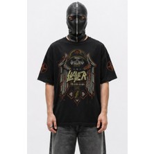 Fuddy Moda Unisex Slayer All Of Life Decays Kol Baskılı Bisiklet Yaka Tişört, Oversize Rock Band Temalı Tshirt