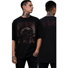 Fuddy Moda Unisex Slayer Skull Ense Baskılı Bisiklet Yaka Tişört, Oversize Rock Band Temalı Tshirt