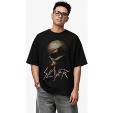 Fuddy Moda Unisex Slayer Baskılı Bisiklet Yaka Tişört, Oversize Rock Band Temalı Tshirt