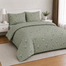Karen Home %100 Pamuk Çift Kişilik Lastikli Çarşaflı Nevresim Takımı | Yeşil Papatya