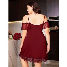 Majeur Closet Büyük Beden Bordo Dantel Işlemeli Ince Askılı Gecelik
