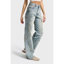It's Basic Kadın Kot Rengi 4s6-67 Straight Fit Yüksek Bel Nakış Detaylı Özel Tasarım Denim Jean