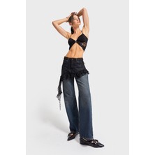 It's Basic Kadın Kot Rengi 2W5-8 Straight Fit %100 Koton Dantel Detaylı Etek Özel Tasarım Denim Jean