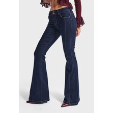 It's Basic Kadın Indigo Renk 7W5-50 Swl Midrise Flare Fit Esnek Elastan Kumaş Orta Bel Denim Jean