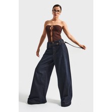 It's Basic Kadın Koyu Kot Rengi 2W5-128 Süper Palazzo Fit %100 Koton Kemer Detaylı Iç Boy 83CM Denim Jean