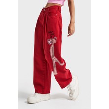It's Basic Kadın Kırmızı Renk 6s5-19 Wide Pleat Leg Rahat Kesim Panter Nakışlı Tasarım Denim Jean