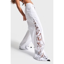 It's Basic Kadın Beyaz Renk 5s5-2 Wide Leg Fit Tül Dantel Detaylı %100 Koton Tasarım Denim Jean