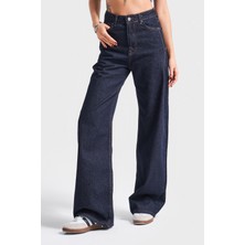 It's Basic Kadın Lacivert Su Yıkama Olea 7W4-50 Wide Leg Fit %100 Koton Denim Jean
