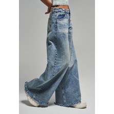 It's Basic Kadın Kot Rengi 12S5-32 Palazzo Fit Paça Püsküllü %100 Koton Orta Bel Denim Jean