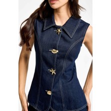 It's Basic Kadın Indigo Renk 7s6-50 Önü Tasarım Düğmeli Denim Sıfır Kol Yelek