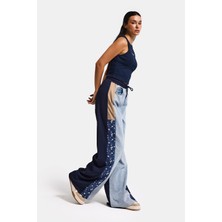 It's Basic Kadın Kot Rengi Kumaş Denim Parçalı Bol Kesim Tasarım Denim Pantolon
