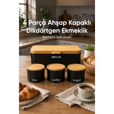 Vienev Dikdörtgen Ahşap Kapaklı Metal Ekmek Kutusu ve 3lü Yuvarlak Çay Kahve Şeker Saklama Kabı Seti Siyah