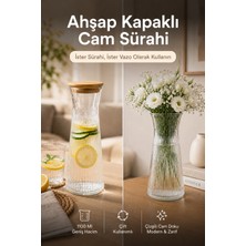 Vienev Ahşap Kapaklı Cam Sürahi & Vazo 1100 ml - Çizgili Cam Karaf Başucu Sürahisi 25 cm