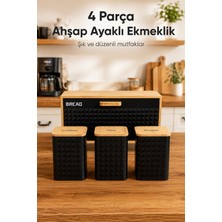 Vienev Ayaklı Ahşap Ekmek Dolabı ve 3lü Siyah Metal Kare Çay Kahve Şeker Saklama Kabı