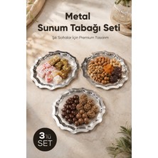 Vienev 3'lü Metal Sunum Tabağı Seti 24 cm - Çiçek Dekor Sunum Tepsi