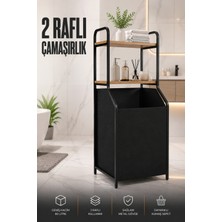 Vienev Metal Gövdeli Ahşap Raflı Banyo Düzenleyici - 80 L Geniş Kumaş Kirli Sepeti