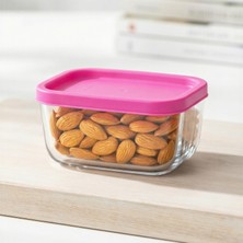 Lav Cube Cam Saklama Kabı 2'li Küçük Boy 405 ml Dikdörtgen Pembe Plastik Kapaklı (Kahvaltılık )