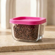 Lav Cube Cam Saklama Kabı 4'lü Küçük Boy 270 ml Kare Pembe Plastik Kapaklı (Kahvaltılık )