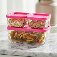 Lav Cube Cam Saklama Kabı Seti 3'lü Büyük Boy 1170 ml Pembe Plastik Kapaklı