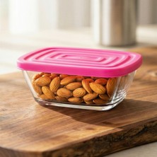 Lav Defne Cam Saklama Kabı 2'li Küçük Boy 375 ml Dikdörtgen Pembe Plastik Kapaklı (Kahvaltılık )
