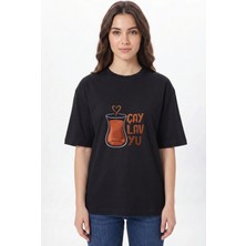 Giftcrea Kişiye Özel Oversize Tişört Baskı %100 Pamuk Unisex Oversize T-Shirt - Çaylavyu Model