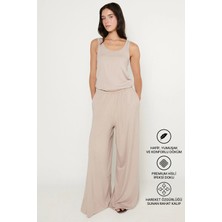 Altınyıldız Classics Kadın Bej Örme Pantolon Premium Viskon Yumuşak Dokulu Standart Fit Cepli Beli Lastikli Rahat