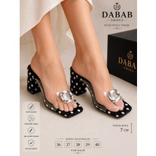 Dabab Shoes Rodın Kadın Şeffaf Bantlı Taş Tokalı Puantiye Desenli Kare Burunlu Siyah 7 cm Kalın Topuklu Terlik