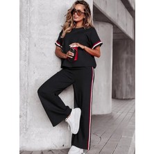 Defy Moda Kadın Kısa Kollu Bisiklet Yakalı Ribanalı Viskon Iki Iplik Bluz ve Pantolon Ikili Takım