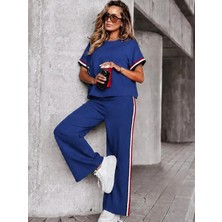 Defy Moda Kadın Kısa Kollu Bisiklet Yakalı Ribanalı Viskon Iki Iplik Bluz ve Pantolon Ikili Takım