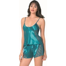 Amora Secret  Petrol Saten Babydoll Şort Takımı