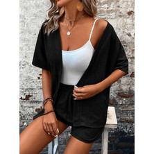 Defy Moda Kadın Kısa Kollu Önü Açık Bürümcük Ceket ve Şort Ikili Takım