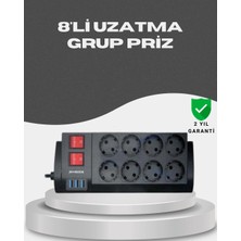 Armüz Akım Korumalı 8’li Priz 3 Usb’li Uzatma Kablosu Isıya Dayanıklı 2 Metre