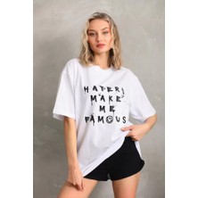 Venera Butik Unisex Baskılı Oversize T-Shirt - Beyaz