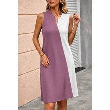 Venera Butik Kadın Askılı V Yakalı Çift Renkli Ithal Krep Kısa Elbise