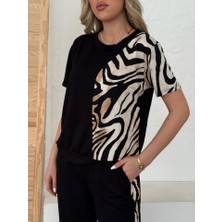 Venera Butik Kadın Bisiklet Yaka Kısa Kol Leopar Desen Bluz ve Pantolon Ikili Takım