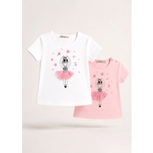 OZMOZ Balerin Baskılı Beyaz ve Pembe Kız Çocuk T-Shirt 2li Set