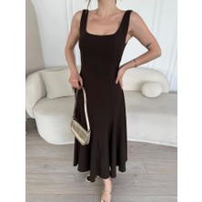 Venera Butik Sırt Dekolteli Kolsuz Uzun Elbise - Kahverengi