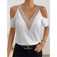 Venera Butik Kadın Omuzlardan Açık V Yakalı Viskon Bluz