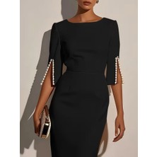 Venera Butik Kadın Kısa Yırtmaç Kollu Inci Detaylı Yuvarlak Yaka Midi Ithal Krep Elbise