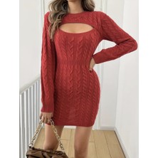 Venera Butik Kadın Uzun Kollu Yarı Balıkçı Yaka Pencere Göğüs Detay Mini Triko Elbise