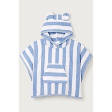 The White Company Organik Pamuklu Mavi Çizgili Kapüşonlu Bebek Plaj Pançosu