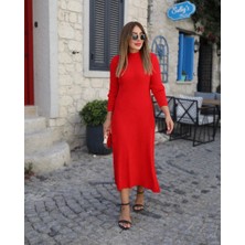 Venera Butik Kadın Uzun Kollu Yarı Balıkçı Yaka Arkadan Pencere Detaylı Bağcıklı Midi Triko Elbise