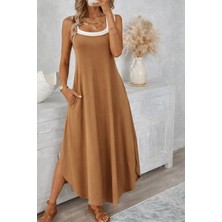 Venera Butik Kadın Ip Askılı Yuvarlak Yakalı Cepli Uzun Viskon Elbise