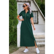 Venera Butik Kadın Kısa Kollu Yakalı Fermuarlı Uzun Viskon Iki Iplik Elbise