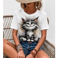 Venera Butik Kadın Kısa Kollu Bisiklet Yaka Kedi Baskılı Süprem Bluz